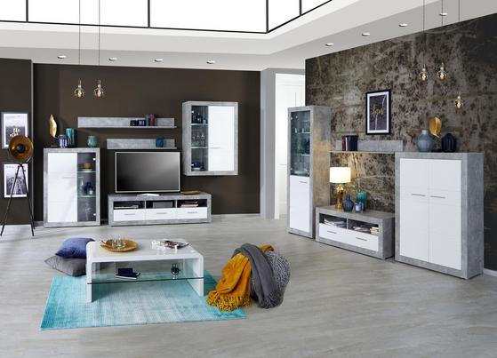 Wohnwand mit Vitrinen, TV-Element und Wandboard Wohnwand in Betonoptik und Weiß